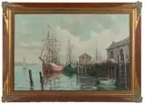 HARBOR SCENE MARINE PAINTING by Antonios L. Karafyllakis, oil on canvas, sold Oct 2025