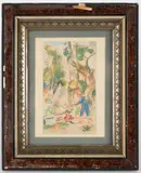 GENRE DRAWING by Georg Poppe, oil pastel on paper, sold Oct 2025