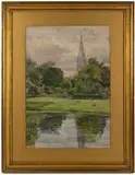 LANDSCAPE WITH CHURCH PAINTING by Dora Louise Murdoch, watercolor on paper, sold Oct 2025