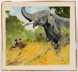 ELEPHANT HUNTING STUDY FOR OUTDOOR LIFE MAGAZINE by Douglas Allen, oil on artist's board, sold Oct 2025