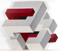 ELEMENTS (WHITE, RED),  PAINTING by Shozo Nagano, acrylic on canvas laid to board, sold Oct 2025