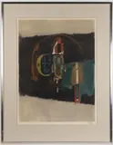 ABSTRACT PRINT, color aquatint etching, abstract composition by Johnny Friedlaender, pencil signed lower right margin. Housed under glass in modern frame. Circa 1970. 29 1/2, sold Oct 2025
