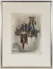 ABSTRACT PRINT, color aquatint etching, abstract composition by Johnny Friedlaender, pencil signed lower right margin. Housed under glass in a modern frame. Circa 1970. 17, sold Oct 2025