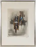 ABSTRACT PRINT, color aquatint etching, abstract composition by Johnny Friedlaender, pencil signed lower right margin. Housed under glass in a modern frame. Circa 1970. 17, sold Oct 2025