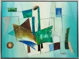 CUBIST ABSTRACT PAINTING by Julio Carballosa, oil on canvas, sold Apr 2025