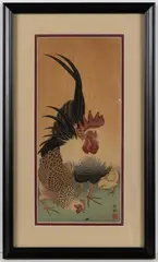 ROOSTER, HEN, AND CHICK by Ohara Koson, WOODBLOCK PRINT, sold Oct 2025