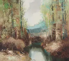 Forest Lake by Willi Bauer, oil on canvas (unstretched), sold Aug 2020