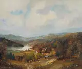 Village Lake by Willi Bauer, oil on canvas (unstretched), sold Aug 2020