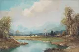 Houses by Lake by Willi Bauer, oil on canvas (unstretched), sold Aug 2020