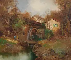 Water Mill by Willi Bauer, oil on canvas (unstretched), sold Aug 2020