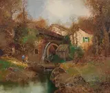 Water Mill by Willi Bauer, oil on canvas (unstretched), sold Aug 2020