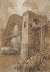 Hell Gate Bridge by George Wharton Edwards, 1922, charcoal, graphite, gouache on paper laid down to board, sold Aug 2020