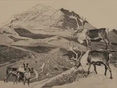 Untitled (Caribou and mountains) by Don Crouch, etching, sold Aug 2020