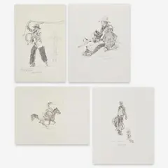 Group, four (4) sketches of cowboys with lassos by Gordon Phillips, graphite on paper, sold Aug 2020