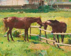 Grazing Horses by Fritz Klaiberg, oil on canvas (unstretched), sold Sep 2020