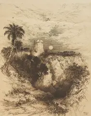 Tower of Cortez Mexico by Peter Moran, 1883, etching, sold Sep 2020