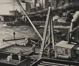 Untitled (Shipping yard) by Edward Arthur Wilson, 1945, lithograph, sold Sep 2020