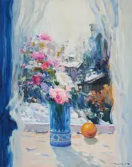 Pink Roses in Winter by Malva, oil on canvas (unstretched), sold Sep 2020