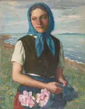 Girl with Blue Scarf by Coast by Lajos Rezes Molnár, oil on canvas (unstretched), sold Sep 2020