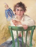 Boy with Harlequin Puppet by Lucio Tafuri, oil on canvas (unstretched), sold Sep 2020