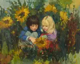 Picking Sunflowers by Louis van der Beesen, oil on canvas (unstretched), sold Sep 2020