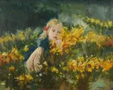 Gathering Daffodils in the Field by Louis van der Beesen, oil on canvas (unstretched), sold Sep 2020