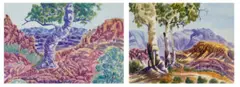 I. Central Australian Landscape Ii. Central Australian Landscape by Otto Pareroultja, watercolour on paper, sold Jun 2023