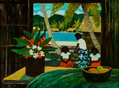 Village islanders by Ray Crooke, oil on canvas, sold Sep 2023