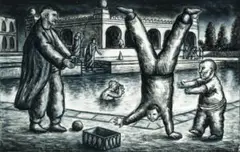 Palace and figures, India by Peter Booth, charcoal on paper, sold Sep 2023