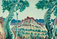 Central Australian landscape by Otto Pareroultja, watercolour on paper, sold Sep 2023