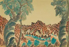 Central Australian landscape by Otto Pareroultja, watercolour on paper, sold Sep 2023