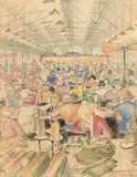 Sewing Uniforms: War And Munitions Factories, Melbourne by Robert Emerson Curtis, 1940, coloured pencil on paper, sold Oct 2023