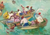 Merchants On The Suez Canal by Isabel May Tweddle, oil on artist's board, offered Oct 2023
