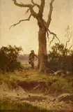 A Faraway Waterhole by 1835-1907, Henry James Johnstone, oil on board, sold Oct 2023