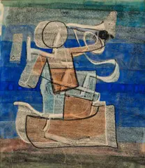 Figure In Boat by Ludwig Hirschfeld-Mack, 1960, monotype and watercolour on paper, sold Dec 2023
