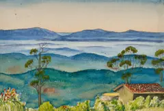 Landscape With House And Mountains by Ludwig Hirschfeld-Mack, c.1950s, watercolour on paper, sold Dec 2023