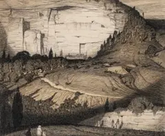 The Quarry by Lloyd Rees, 1919, pen and black ink and ochre wash on paper, offered Feb 2024