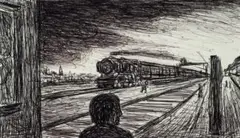 Figure With Train by Peter Booth, c.1988, ballpoint pen on paper, sold Feb 2024