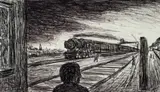 Figure With Train by Peter Booth, c.1988, ballpoint pen on paper, sold Feb 2024