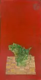 Sans titre by Van Minh Nguyen, Panneau en laque à fond rouge représentant une verseuse archaïque chinoise de type guang p, sold Oct 2025
