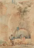 Personnages à la fontaine by Victor-Jean Nicolle, Plume et encre brune, aquarelle, annotée « V, sold Nov 2024