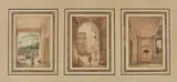 Montage comprenant trois vignettes : Homme passant sous une arche, au loin le Colisée à Rome ; Femme portant un sceau près de la villa Altieri à Rome ; Vue pris by Victor-Jean Nicolle, Plume et encre brune, lavis brun et aquarelle, sold Nov 2024