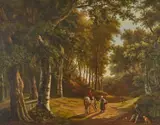Chasseurs, chiens et personnages dans un sous-bois by Maximilien Lambert Gelissen, 1826, Toile, sold Nov 2024