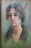 Portrait de femme sur fond vert by Renée Mourgue Vaquier, Pastel, sold Jan 2024
