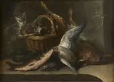 Panier d'huitres et carpe jaune, anguille, lièvre, chat et colvert by Nicolas Henri Jeaurat de Bertry, Toile, sold Apr 2025