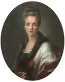 Portrait de dame en robe blanche et col de fourrure by Joseph Vivien, Pastel ovale, sold Apr 2025