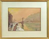 Lyon, la Passerelle Saint-Georges sous la neige by Yvonne Récamier, Aquarelle gouachée sur traits de mine de plomb, sold Sep 2025