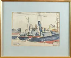 Bateau dans le port de Marseille (avec le Pont Transbordeur) by Adrien Bas, Aquarelle sur traits de mine de plomb, sold Sep 2025