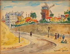 Avenue Junot ,les moulins de Montmartre by Élisée Maclet, Aquarelle sur papier, sold Apr 2025