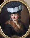 Portrait de femme au chapeau portant un col de fourrure by Johann Melchior Wyrsch, Toile, châssis et cadre d'origine, ovale, sold Jun 2025